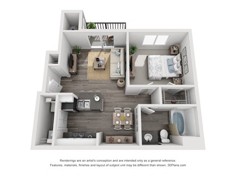 Floor plan for 1 bed, 1 bath, 678 sqft